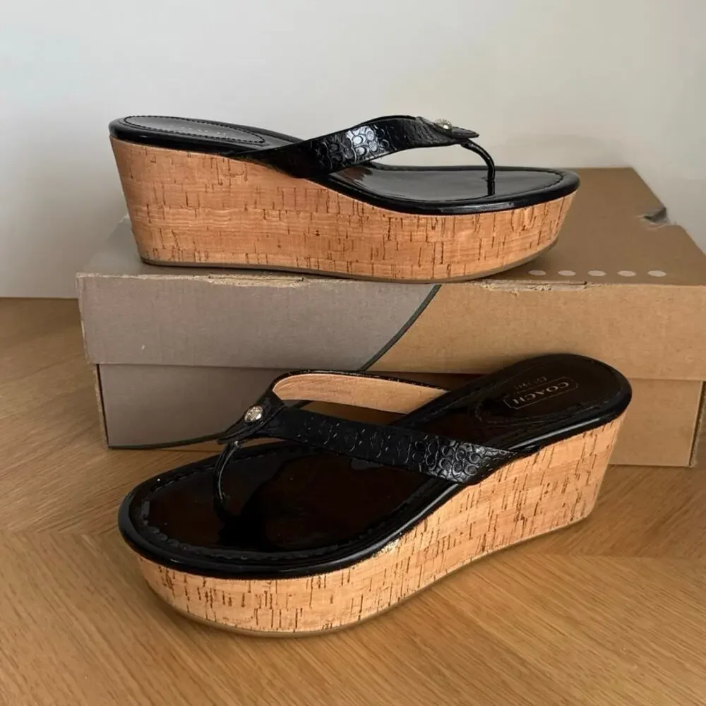 Coach Signature Black Patent Leather Women Wedge Sandals - SZ 8